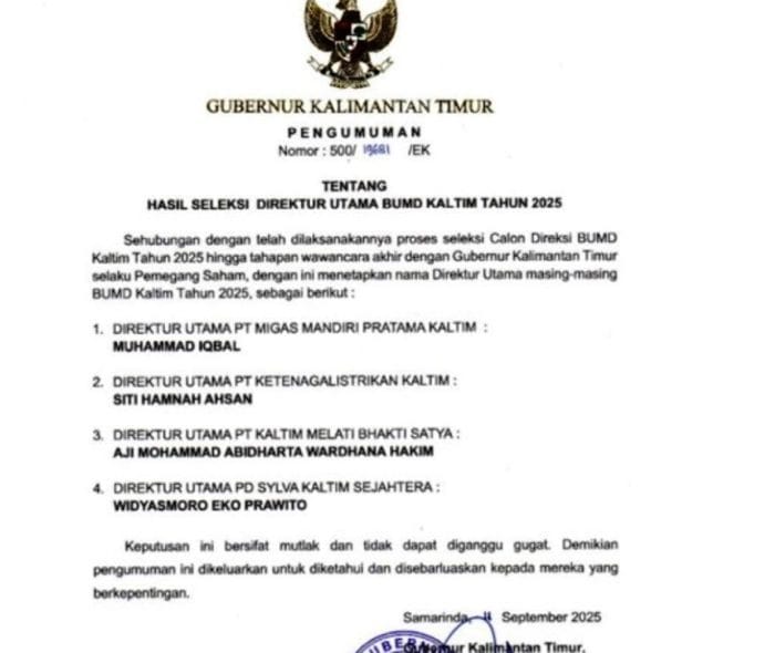 hasil seleksi BUMD Kaltim